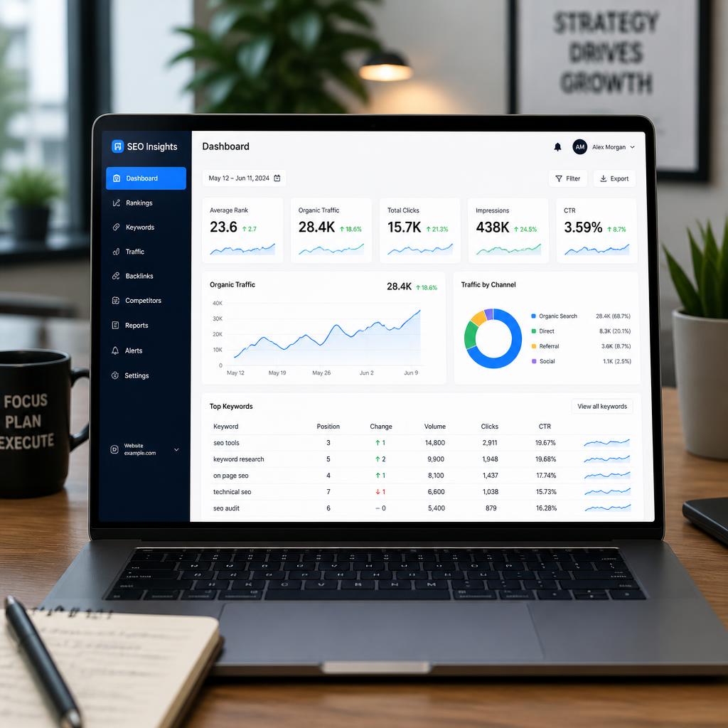 A modern SEO analytics dashboard displayed on a laptop showing ranking metrics, traffic graphs, and keyword performance data in a professional office setting